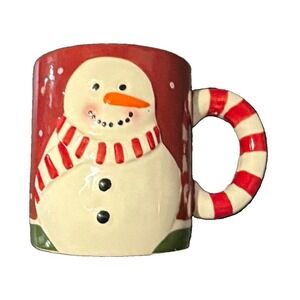 Snowman Coffee Mug Snowdays Holiday by Jay Red White Candy Cane Handle
